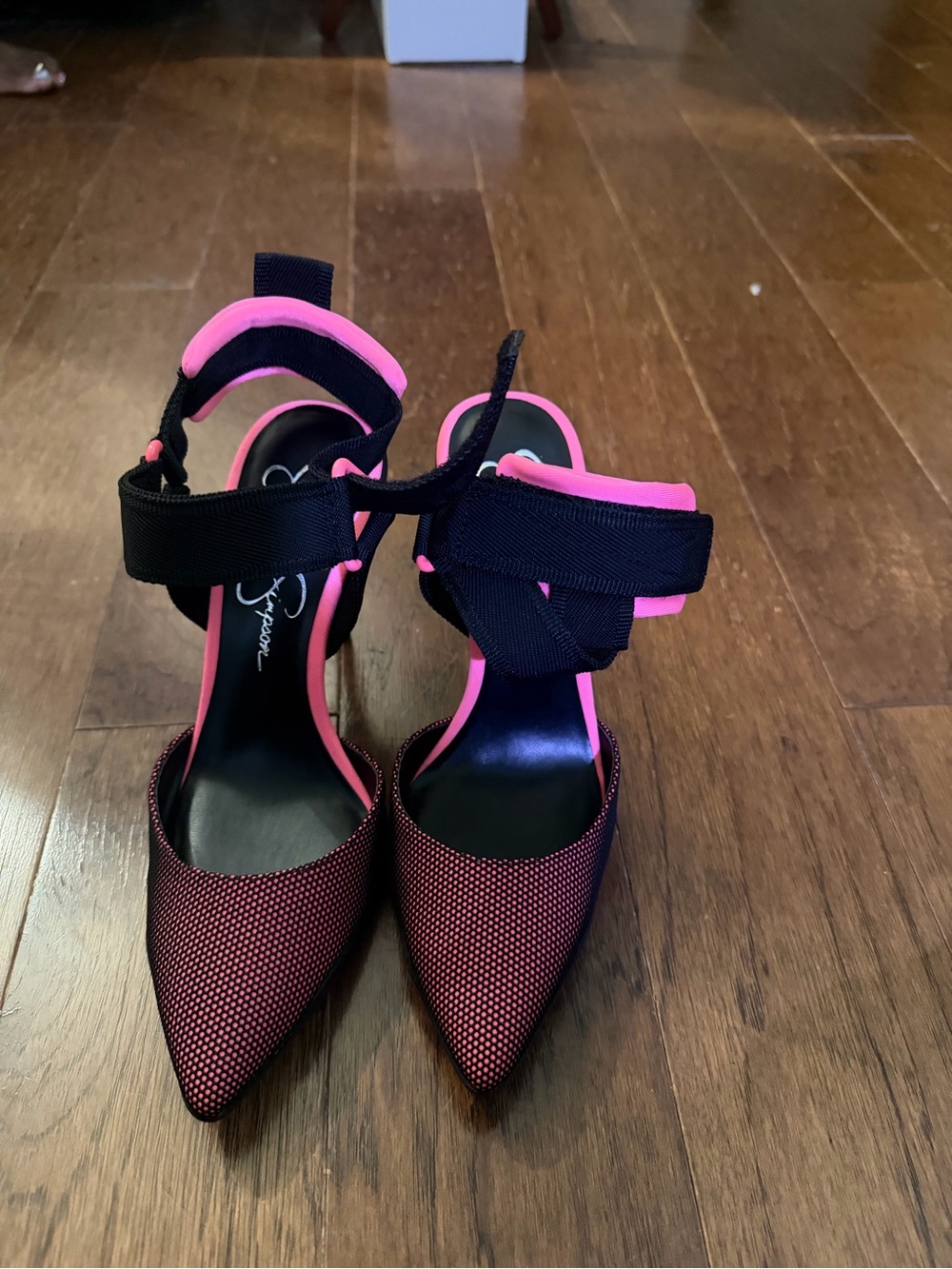 Jessica Simpson Black and Pink Pointed Toe Ankle Strap Heels
